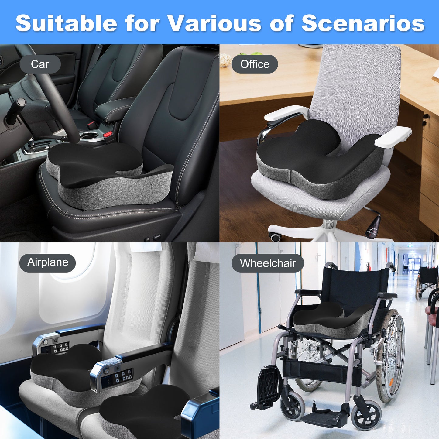 Patented pressure-reducing cushion for prolonged sitting in cars, office/home chairs, wheelchairs - Ultra-high density memory foam for hips, tailbone, coccyx, sciatica